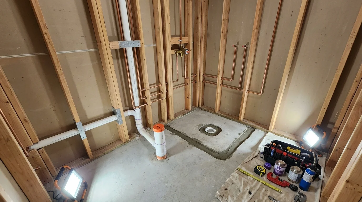 Bathroom rough-in plumbing during remodel by Johns Plumbing LLC in Quincy