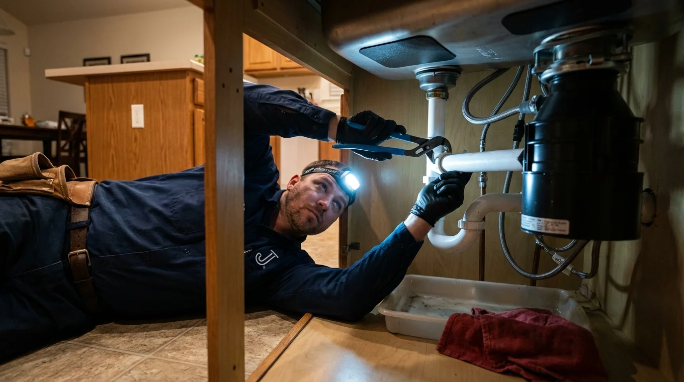 P-trap and supply line connections under a kitchen sink showing a common leak point in Quincy, WA